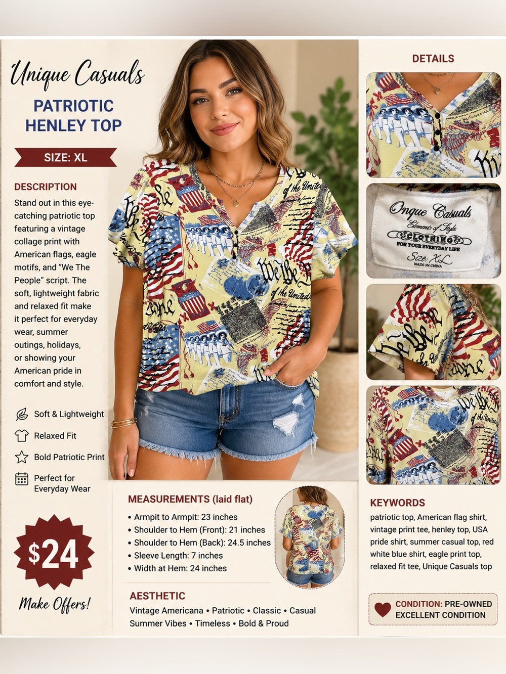 Onque Casuals Cream Patriotic Print V-Neck Short Sleeve Top